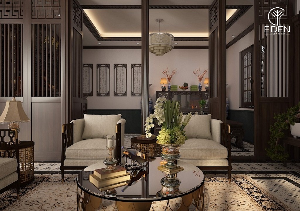 Mẫu thiết kế phong cách kiến trúc Đông Dương tại phòng khách vừa cổ điển vừa hiện đại