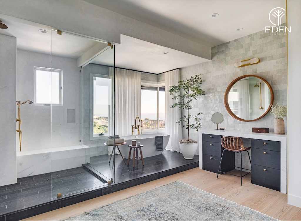 Một chiếc gương đa năng và trang trí cho phòng tắm trở nên xinh xắn hơn trong phong cách nội thất hiện đại