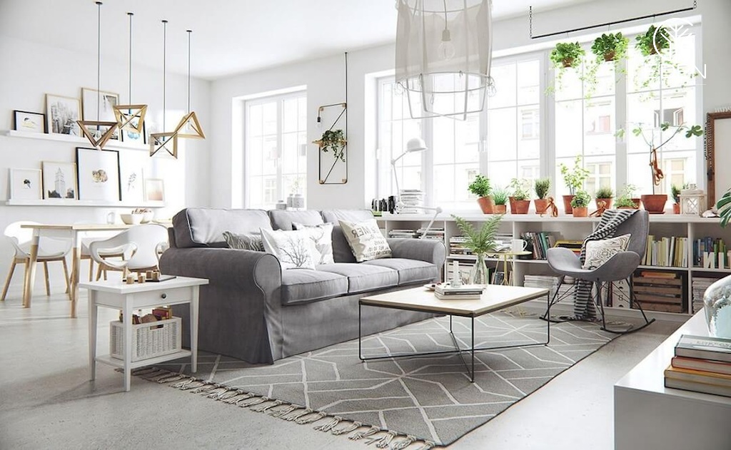 Kết hợp hoàn hảo giữa tone trắng chủ đạo - sàn gỗ tự nhiên - sofa xám xanh