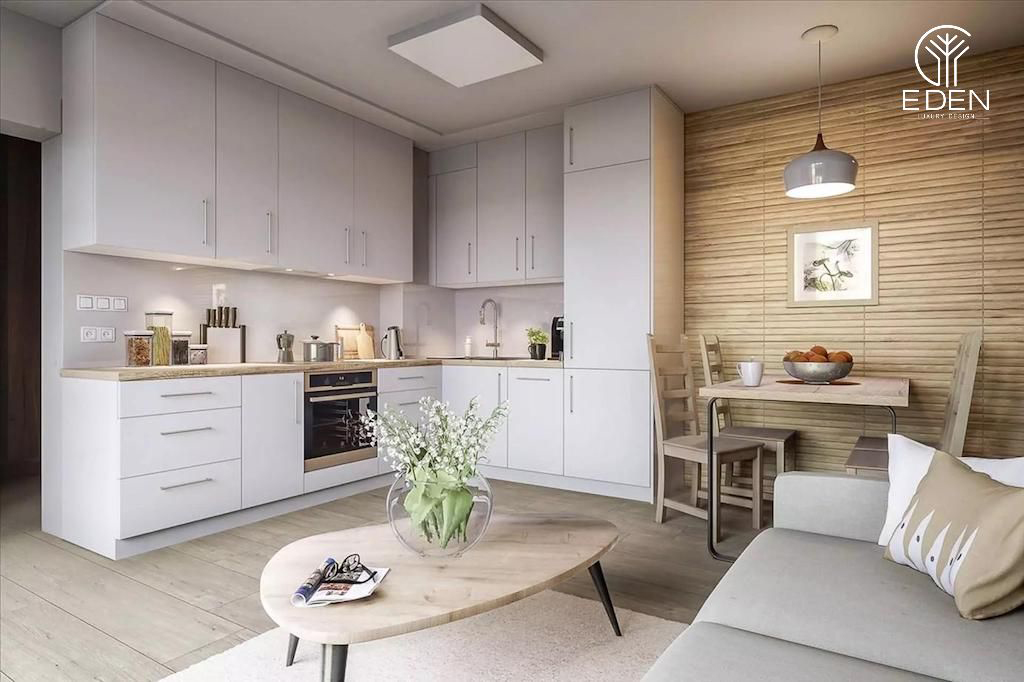 Thiết kế phòng khách liền phòng bếp tiết kiệm diện tích, tận dụng không gian