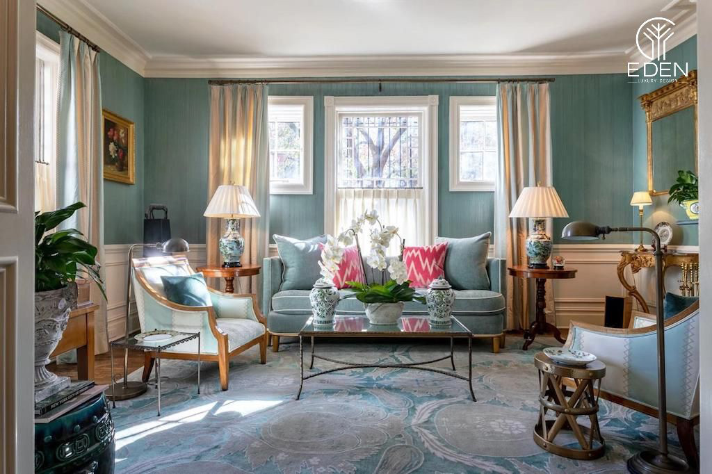 Tông màu xanh thường được ưu ái với phòng khách mang phong cách tân cổ điển
