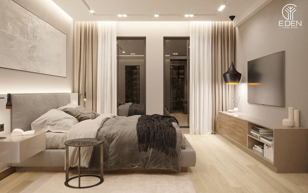 Phòng ngủ dành cho khách với thiết kế đơn giản và màu sắc trung tính