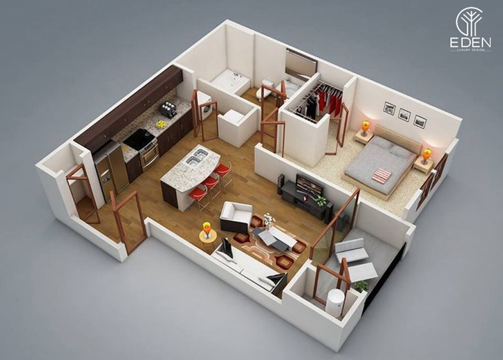 Mô hình 3D thiết kế chung cư 1 phòng ngủ 50m2