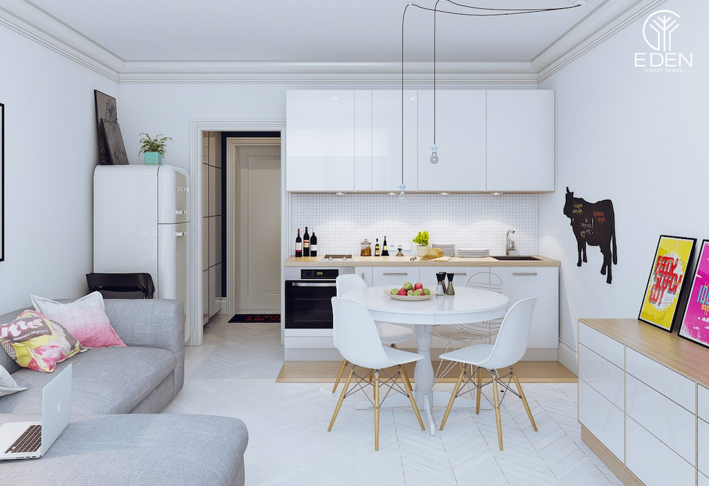 Sự kết hợp tuyệt vời giữa phòng khách và nhà bếp mang đến một không gian ấm cúng cho căn nhà
