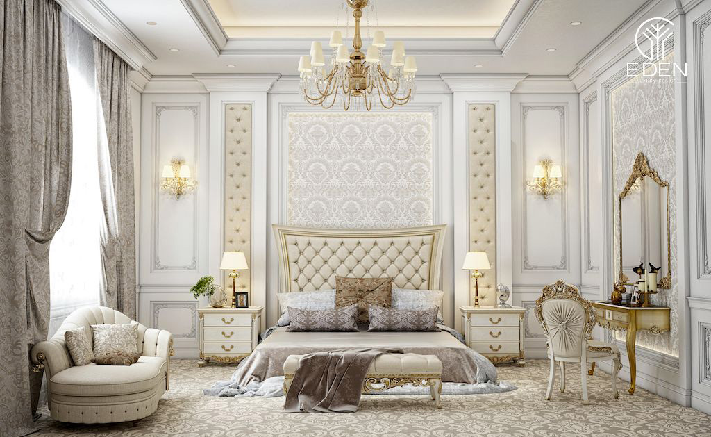 Nội thất phòng ngủ được thiết kế theo phong cách tân cổ điển với sự xa hoa lộng lẫy