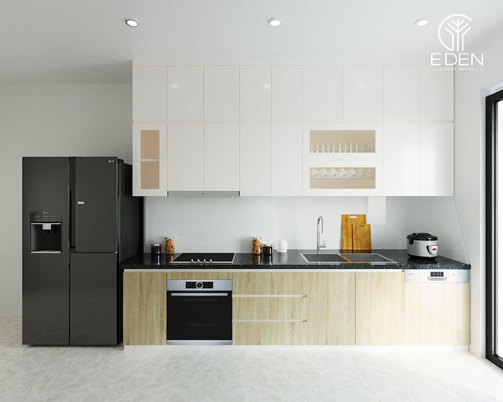 Mẫu tủ bếp được thiết kế theo hình chữ I đơn giản nhưng vẫn đảm bảo đầy đủ công năng cần thiết