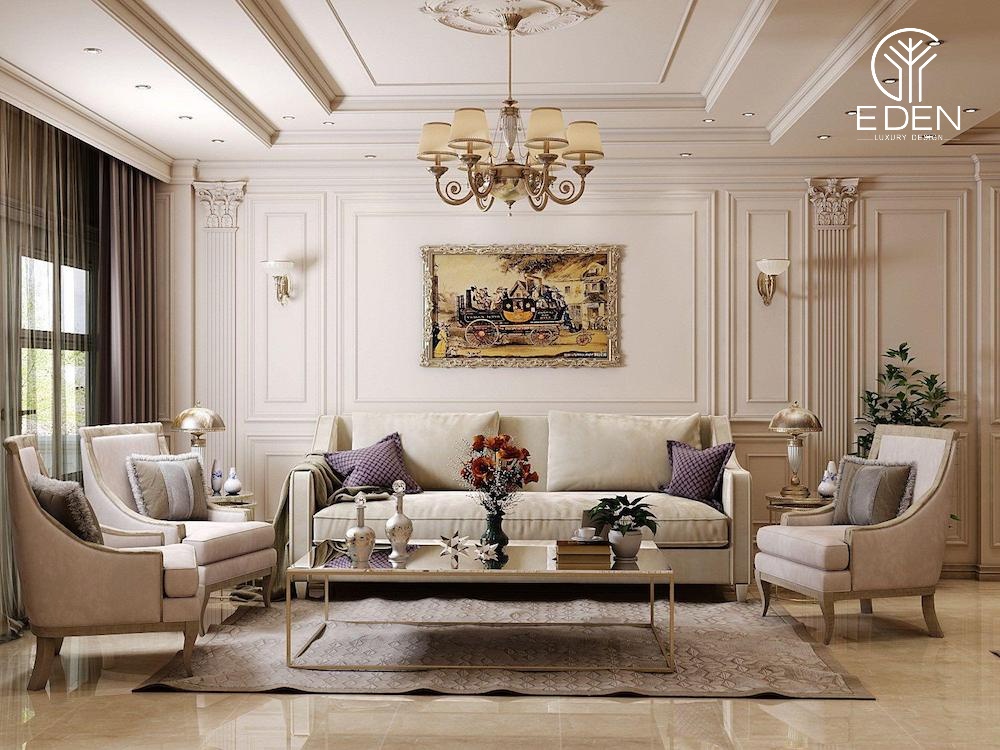 Phòng khách cổ điển được trang trí theo tỷ lệ đối xứng, mang đến vẻ đẹp hài hòa và dễ chịu
