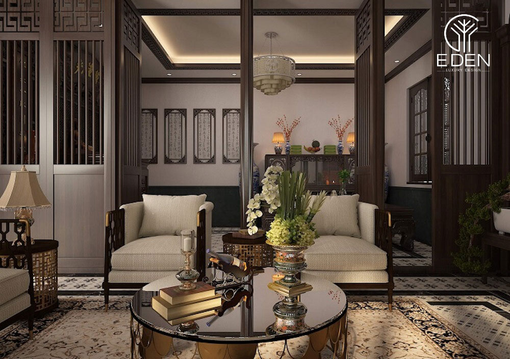 Phòng khách Indochine với nhiều họa tiết đặc trưng