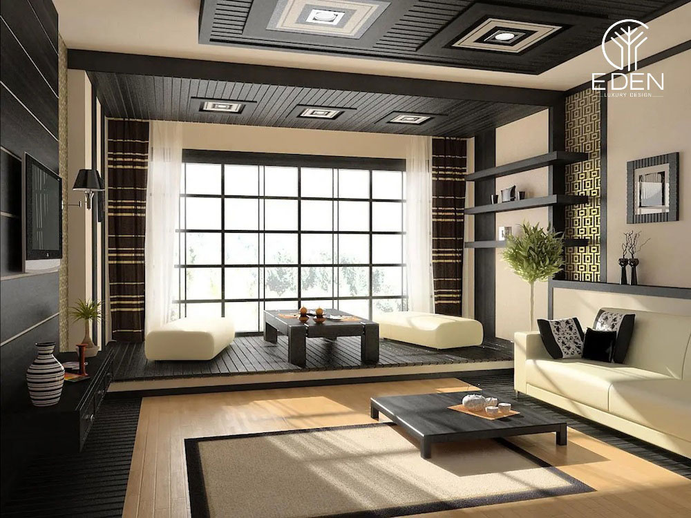 Mẫu 4: Phòng khách Nhật Bản màu trắng chứa hơi thở hiện đại
