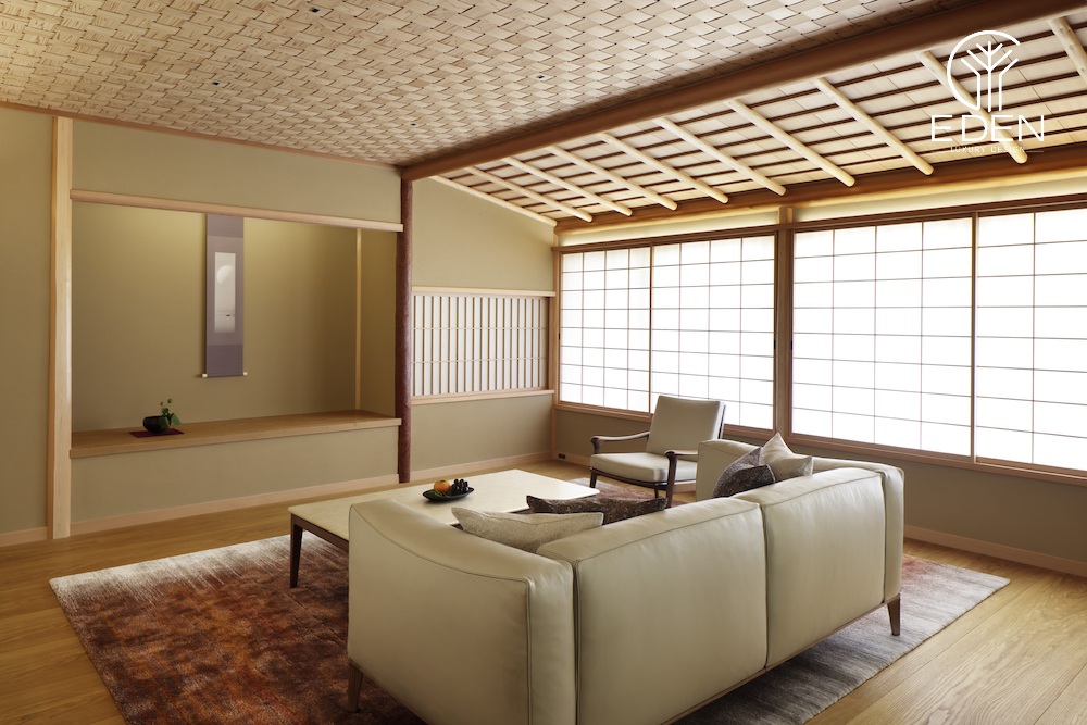 Mẫu 1: Phòng khách hiện đại, đơn giản và điểm nhấn là cửa trượt shoji
