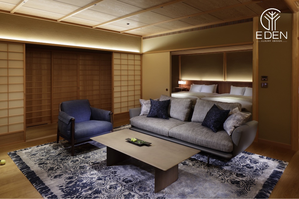 Mẫu 2: Phòng khách cửa trượt là điểm nhấn đậm nét Nhật Bản trong gian phòng mang hơi hướng hiện đại