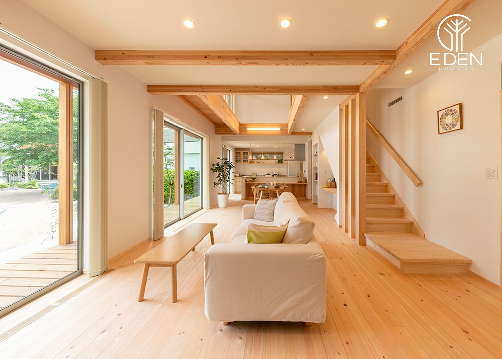 Nội thất được làm từ thiên nhiên kết hợp với không gian mở mang tới một vẻ đẹp độc đáo cho phòng khách