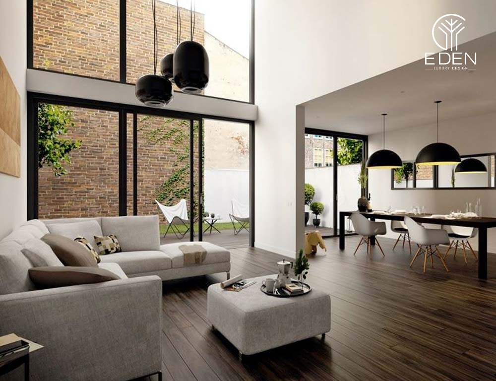 Không gian thoáng mát với tông màu tối giản cho phòng khách thông tầng hiện đại