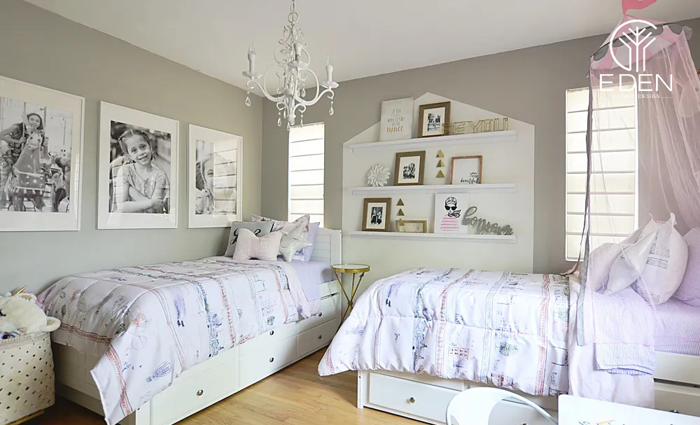 Bạn có thể thiết kế phòng ngủ cho 2 bé gái bằng 2 giường đơn trong cùng một không gian