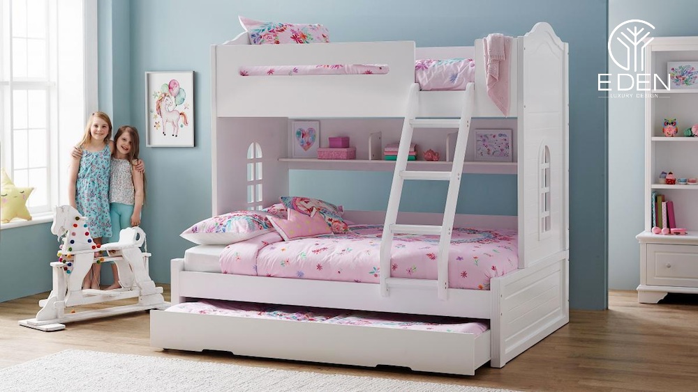 Mẫu thiết kế giường tầng màu hồng mộng mơ cho 2 bé gái