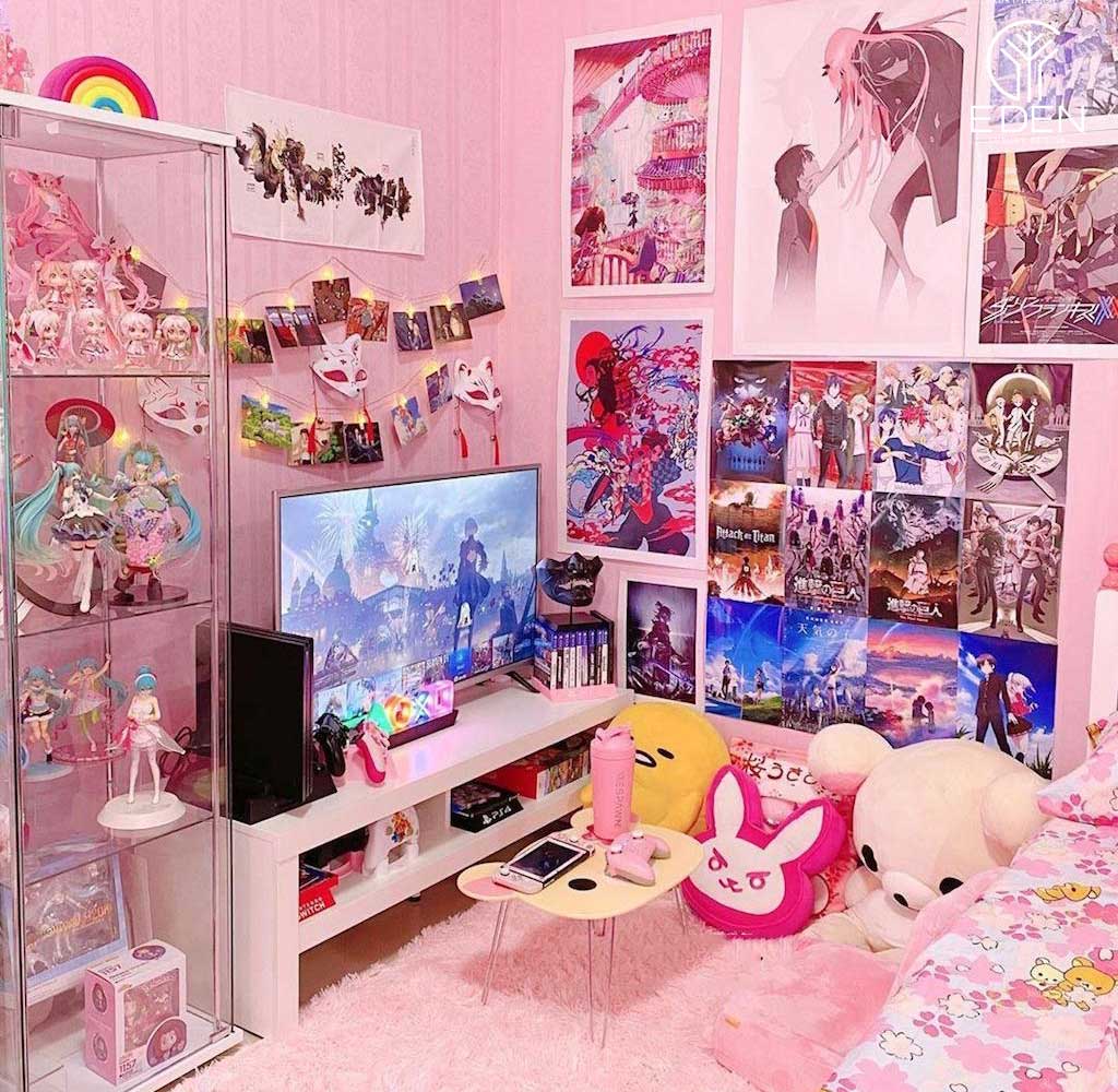 Gam màu hồng thường được các bạn nữ ưu ái khi trang trí phòng ngủ anime