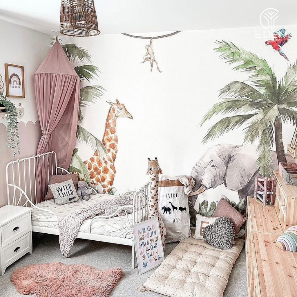 Hình ảnh rừng xanh 3D vô cùng sáng tạo cho phòng ngủ bé gái