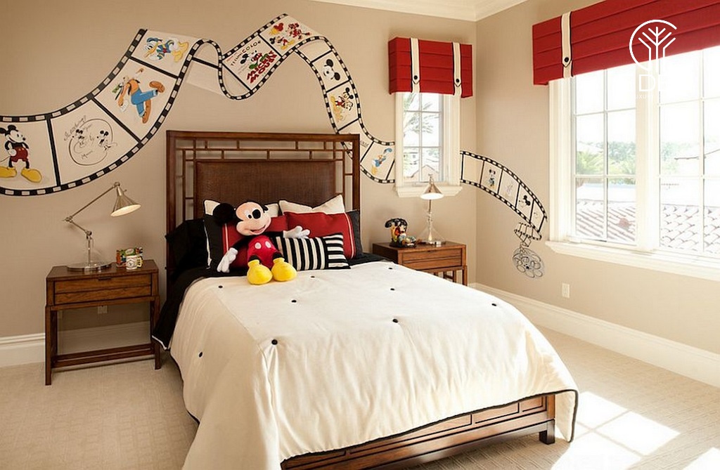 Phòng ngủ dành cho bé với tranh vẽ tường là vô số các nhân vật phim hoạt hình
