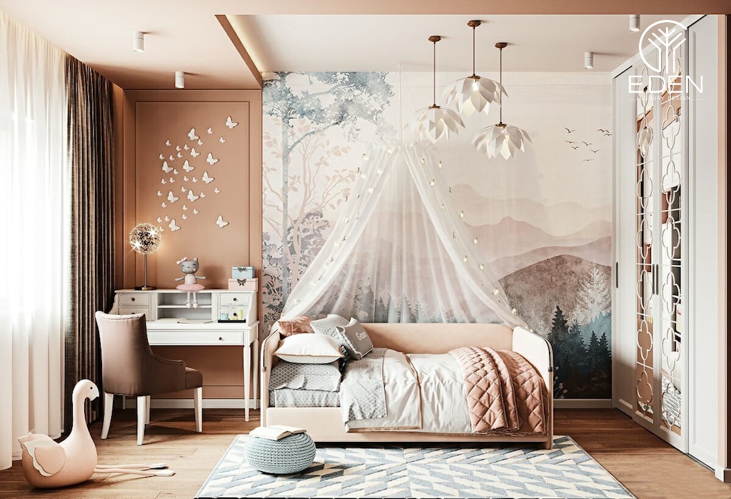 Phòng ngủ với rèm chùm độc đáo cùng với tông màu nhẹ nhàng