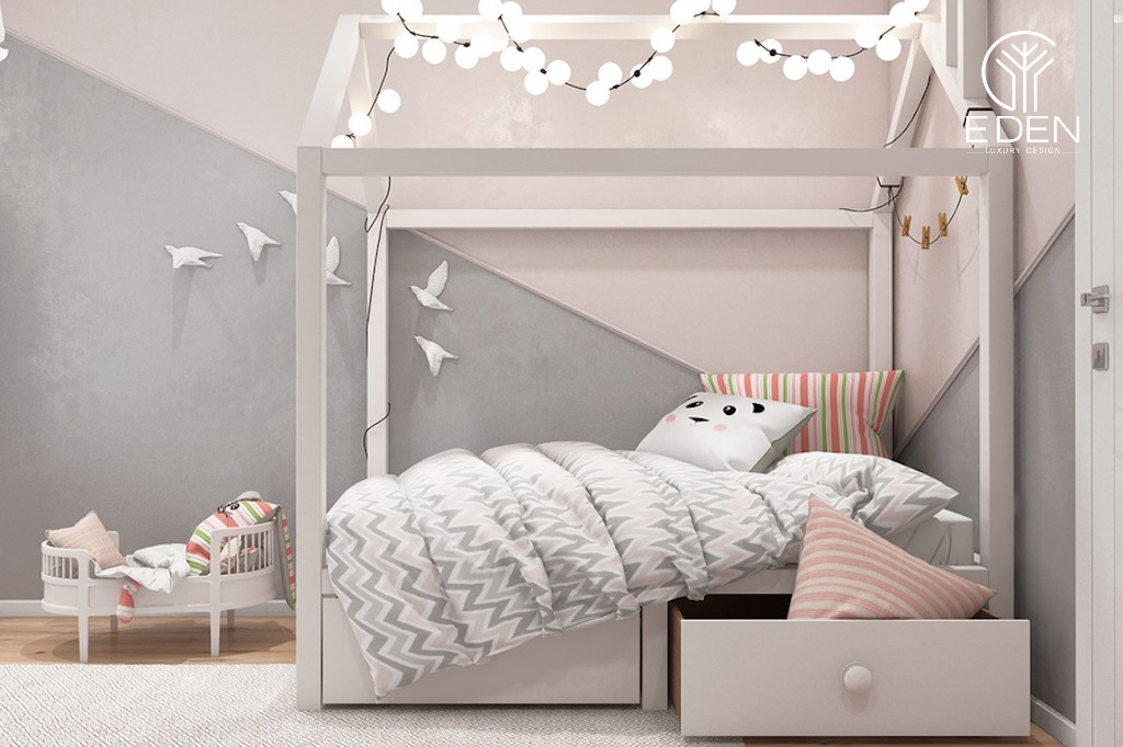Thiết kế nội thất phòng ngủ đẹp cho bé đơn giản, dạng giường thấp có ngăn đựng đồ tiện lợi