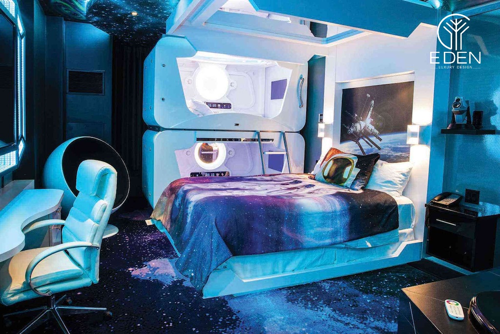 Phòng ngủ đẹp dành cho bé gái với không gian được thiết kế theo chủ đề vũ trụ độc đáo