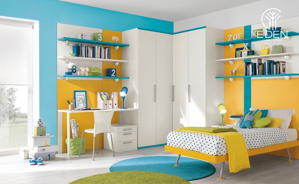Phòng ngủ cho bé trai 6-10 tuổi tone vàng - xanh sáng tạo