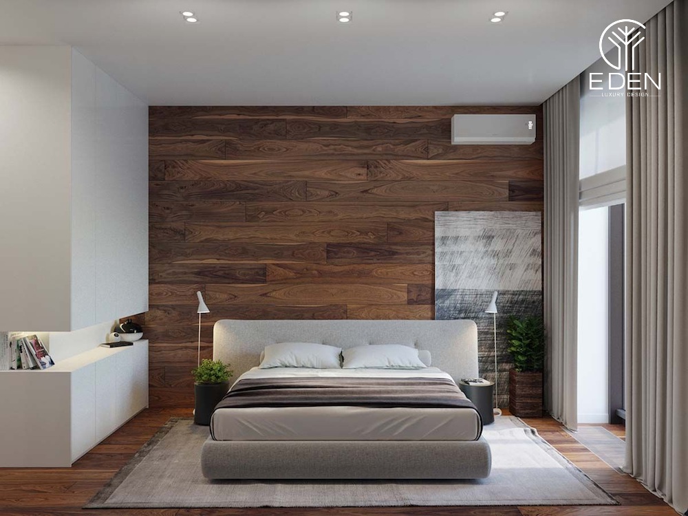 Mẫu thiết kế phòng ngủ Master sử dụng gỗ ốp tường cao cấp