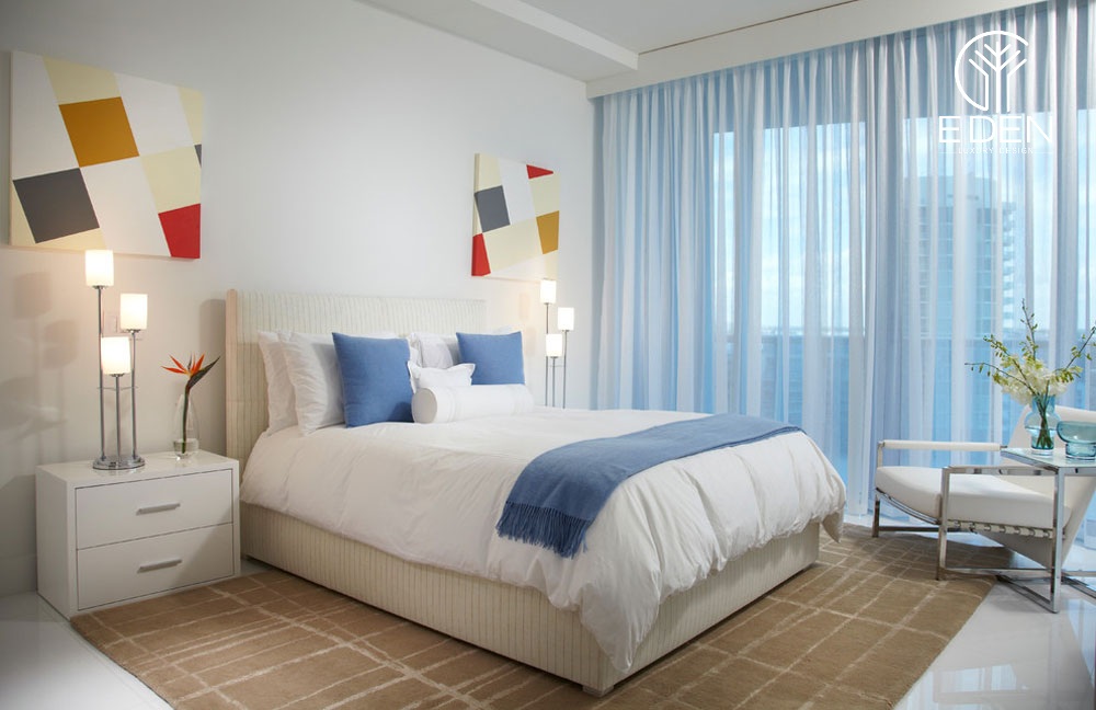 Thiết kế phòng ngủ chung cư sử dụng tone xanh trắng tươi sáng