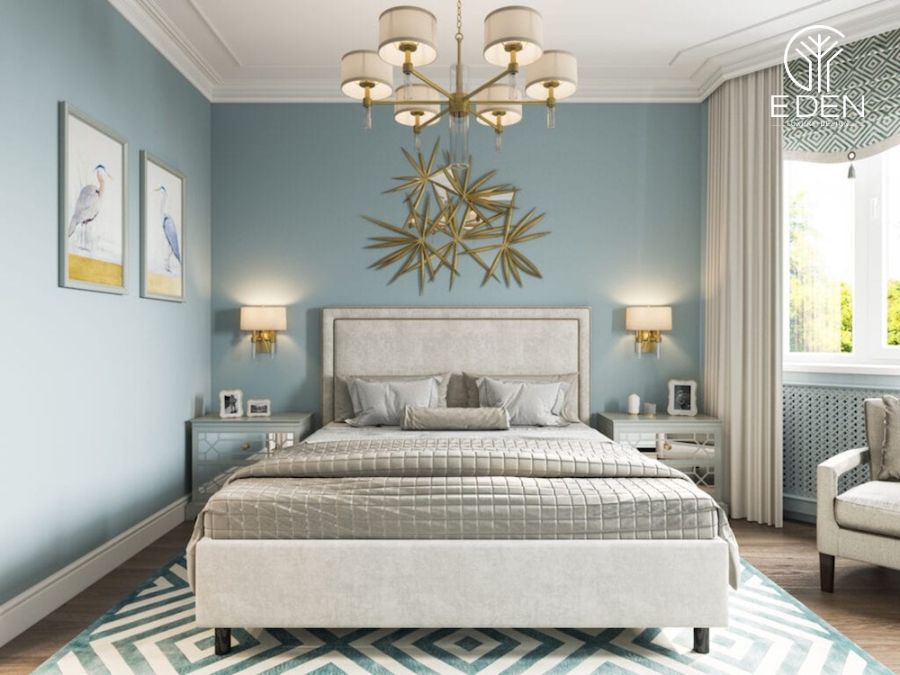 Phòng ngủ phong cách Châu Âu với gam màu xanh chủ đạo