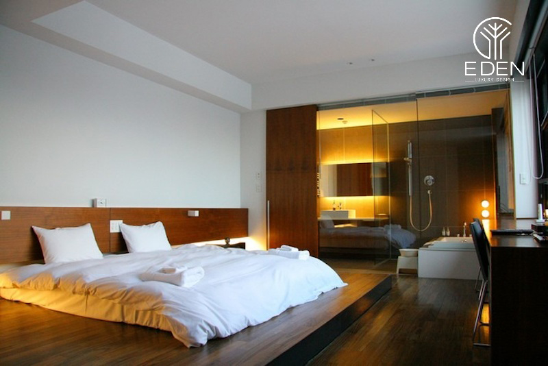 Phòng ngủ thiết kế tích hợp nhà vệ sinh với tông màu hài hòa với nhau