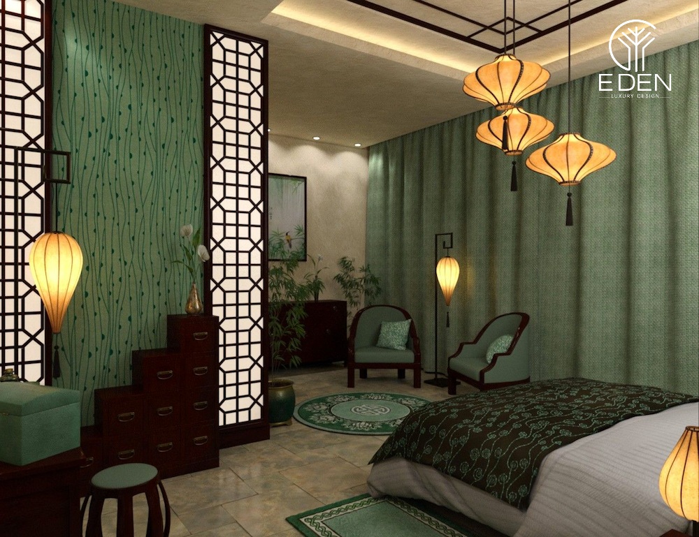 Tạo điểm nhấn cho phòng ngủ kiểu Trung bằng đèn trần và lồng đèn ngủ hai bên giường