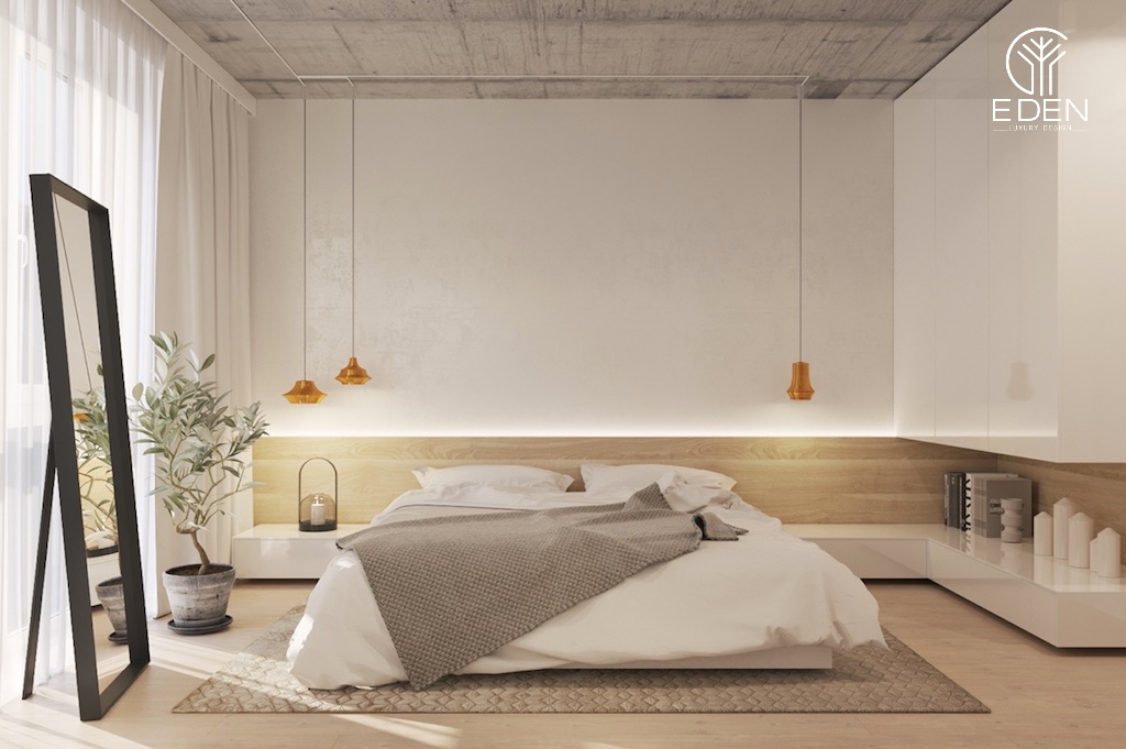 Màu nâu nhạt của món đồ nội thất kết hợp cùng với bức tường trắng sẽ làm cho căn phòng vừa rộng rãi