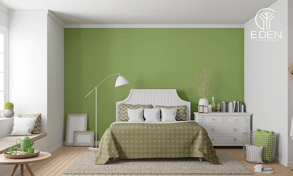 Phòng ngủ tiện nghi với màu xanh lá mạ tươi mới