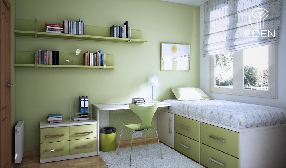 Phòng ngủ màu xanh lá cây nhạt đầy đủ tiện nghi với màu xanh non tươi mát