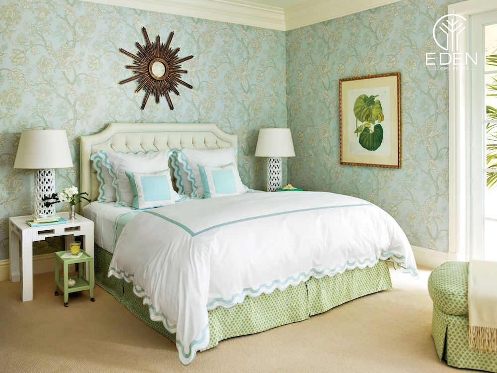 Phòng ngủ màu xanh lá cây kết hợp thông minh với tone màu xanh dương
