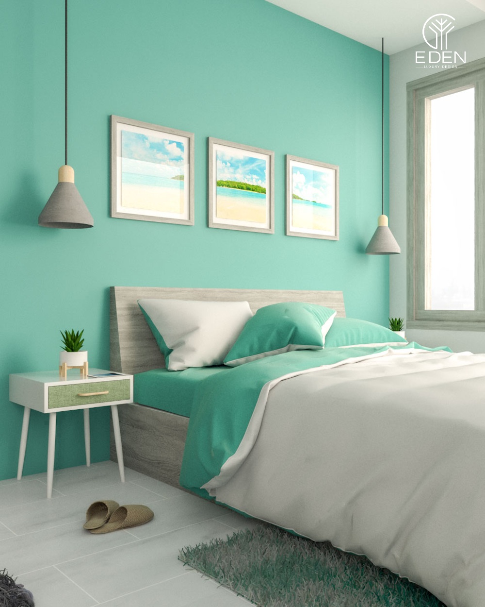 Thiết kế phòng ngủ độc đáo và mát mẻ với phòng xanh ngọc bích