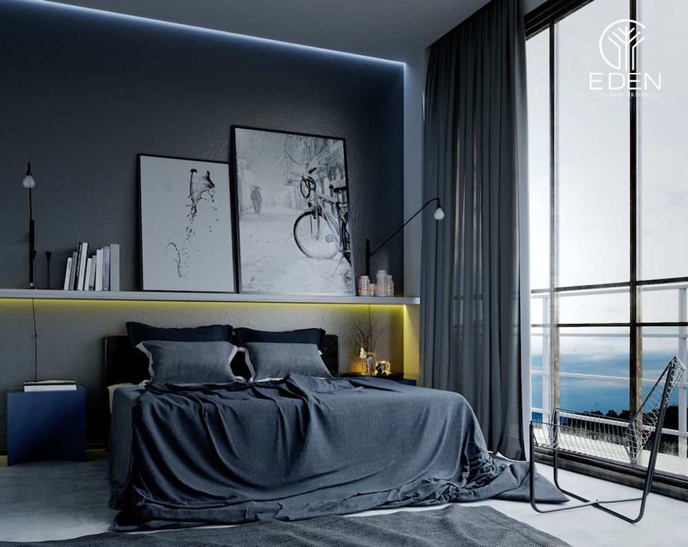 Phòng ngủ với tone màu xanh ghi được trang trí nội thất độc đáo
