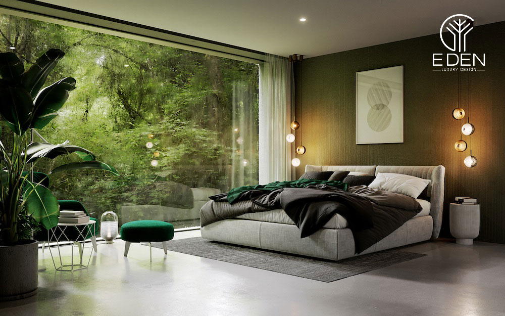 Phòng ngủ màu xanh rêu mang hơi thở của thiên nhiên