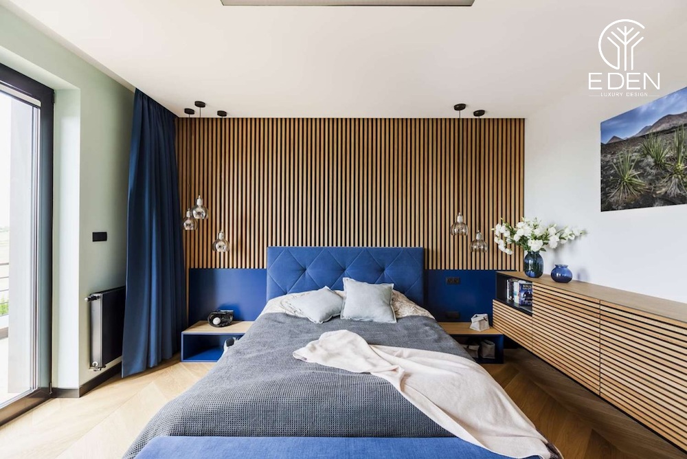 Phòng ngủ màu xanh dương mang lại cảm giác vô cùng thoải mái và dễ chịu