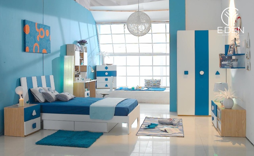 Phòng ngủ tươi mát với thiết kế tone màu chủ đạo là màu xanh nhạt
