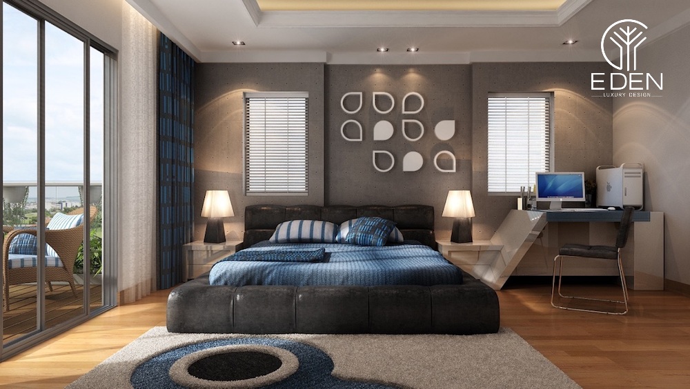 Phòng ngủ độc đáo kết hợp tone màu xanh và màu nâu