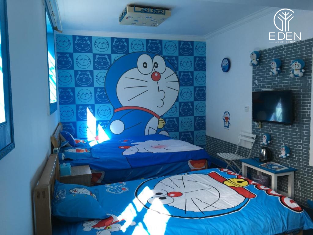 Gam màu xanh đặc trưng của phòng ngủ Doremon