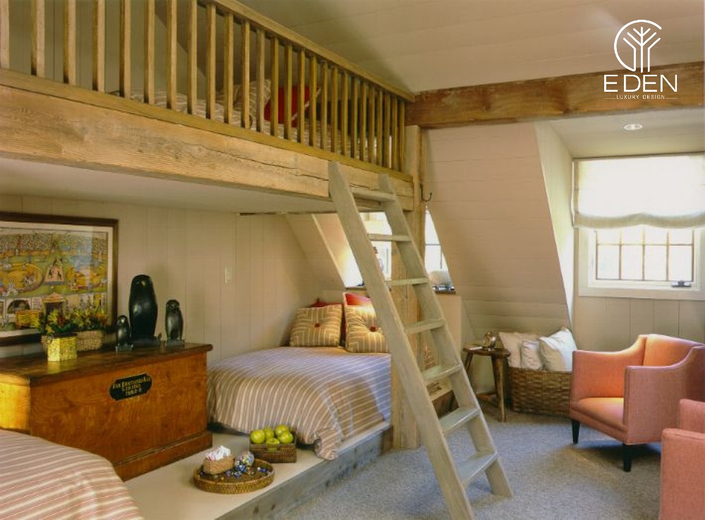 Mẫu 2: Phòng ngủ có gác lửng với sự kết hợp của nhiều màu sắc cùng dải màu