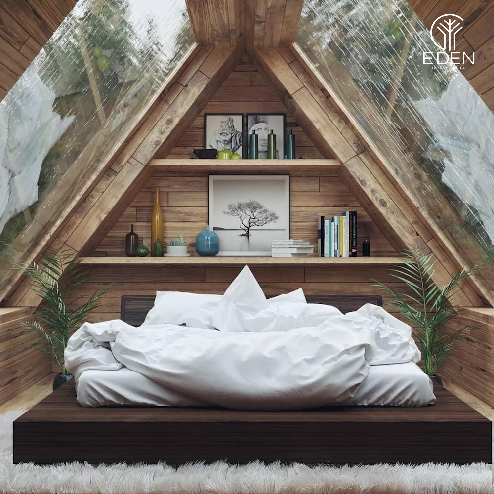 Chất liệu gỗ bao trùm cả phòng ngủ gác mái nhưng không tạo cảm giác khó chịu