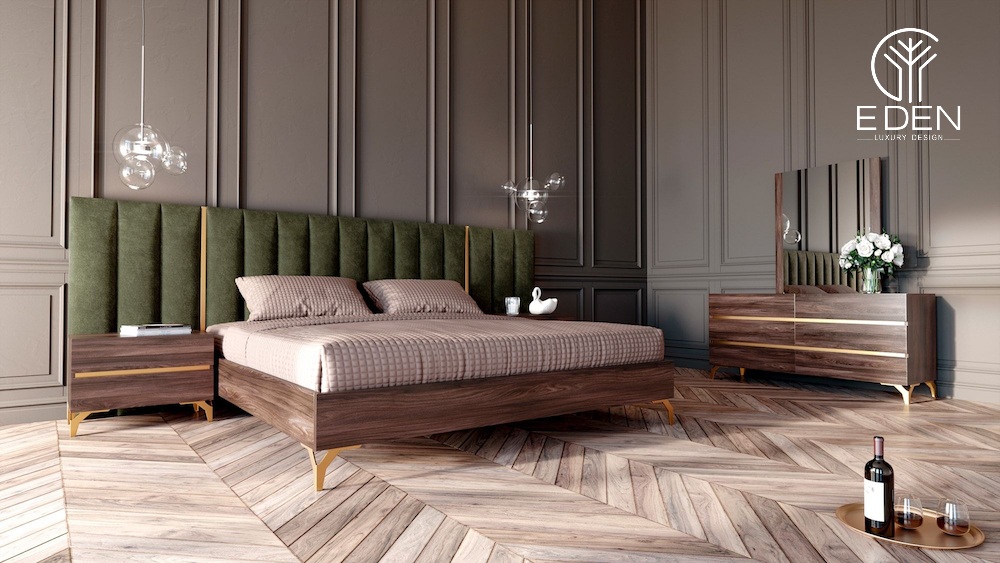 Đèn ngủ với thiết kế hiện đại kết hợp với giường và bàn trang điểm gỗ óc chó