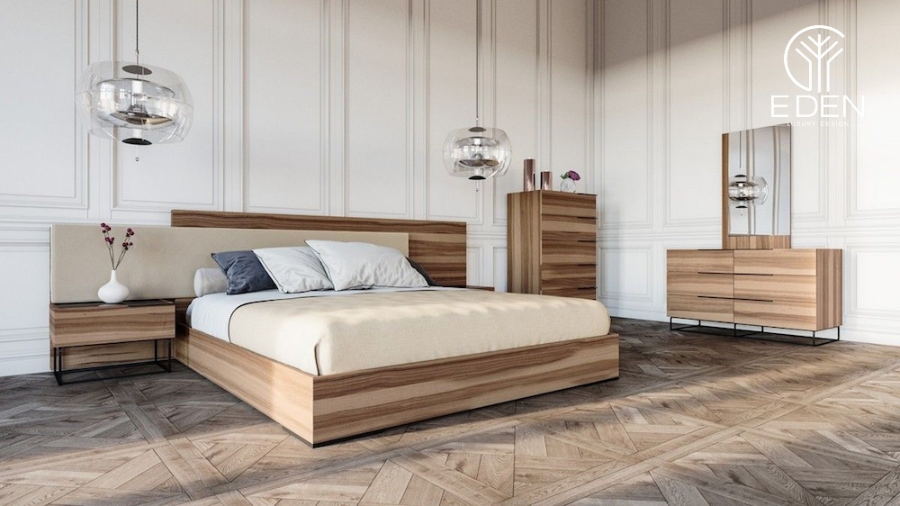 Phòng ngủ gỗ óc chó với điểm nhấn bức tranh phong cảnh hiện đại