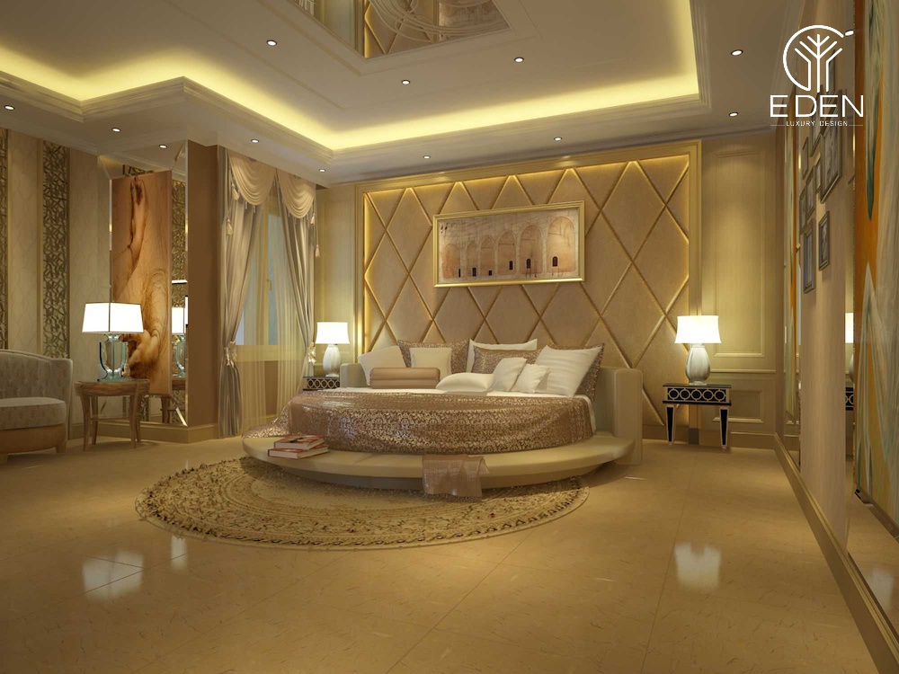 Gia chủ có thể linh hoạt lựa chọn các tông màu trầm ấm nhưng vẫn tạo nên sự rộng rãi thoáng mát thiết kế trang trí cho nội thất phòng ngủ hoàng gia của mình