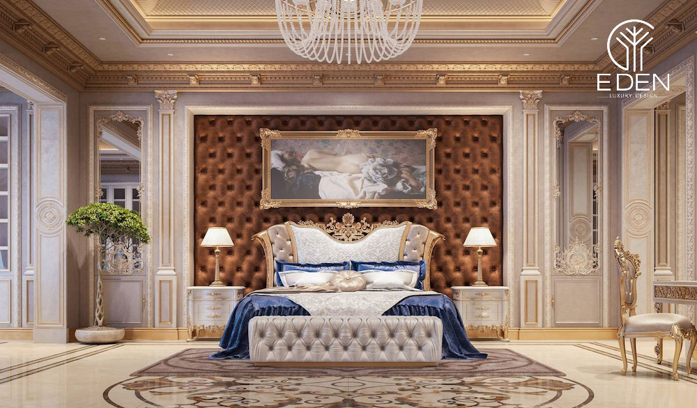 Phòng ngủ hoàng gia tạo ra được giá trị thẩm mỹ nguy nga tráng lệ, nâng tầm vị thế của gia chủ tầng lớp thượng lưu
