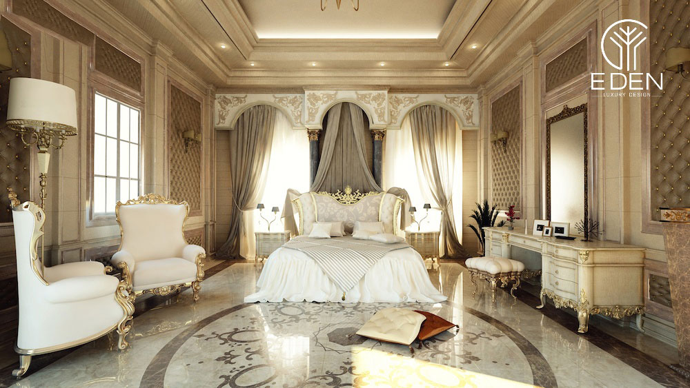 Các tông màu be hay vàng ánh kim cũng là một trong màu sắc được ưa chuộng khi thiết kế theo phong cách hoàng gia cho phòng ngủ