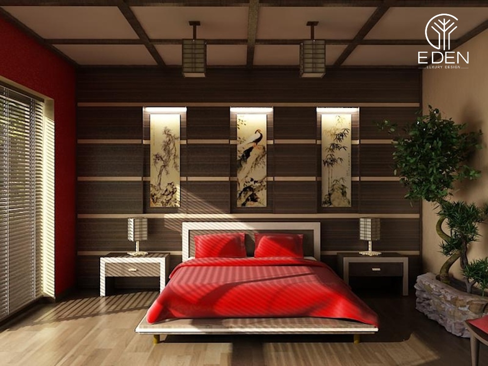 Phòng ngủ Nhật Bản mới lạ với tone màu nâu trầm và trang trí thêm cây cảnh